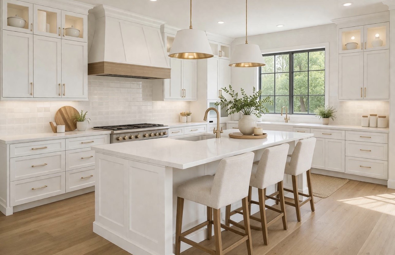 White kitchen with an island and gold accents